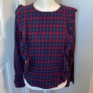 Plaid cinched-wrist sleeve ruffle blouse